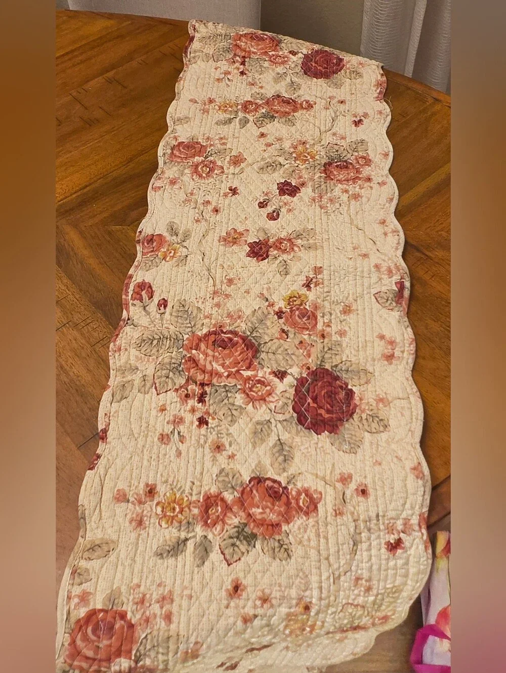 Quilted Rose Floral Table Runner 70” Cottagecore Shabby Chic Grandmacore